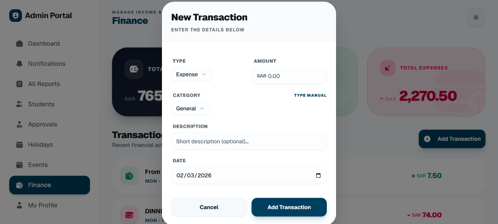 Finance Module - New Transaction (Dark)